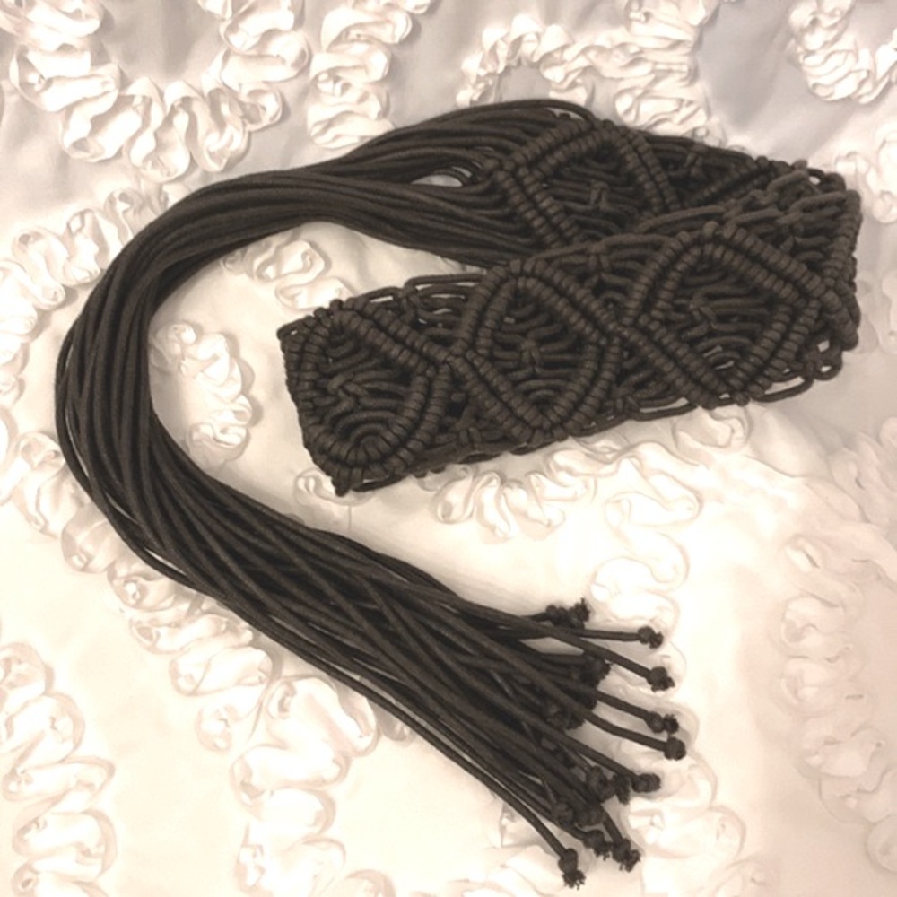 Macramé Gray Vintage Woven Patterned Wide Tie Boho Chic Belt 30”